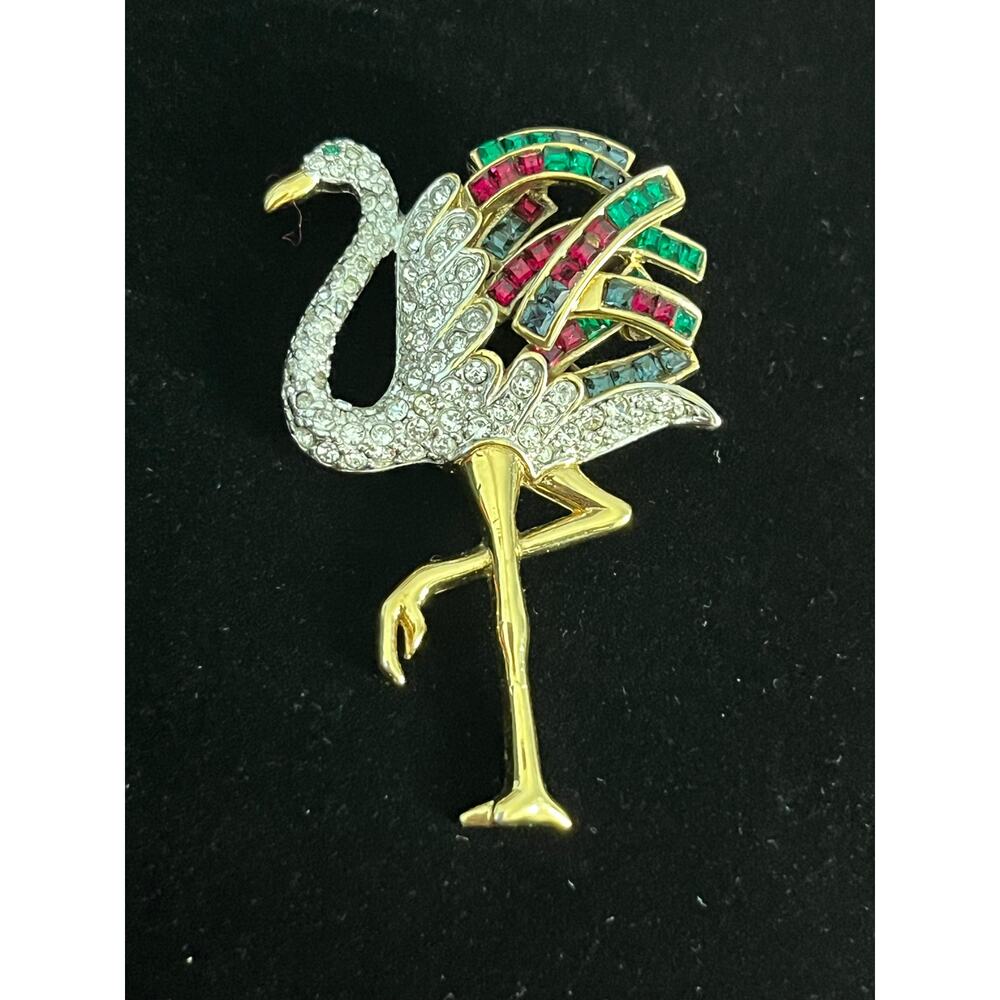 VTG Flamingo Brooch Rhinestone Gold Tone Coastal Beachy Resort